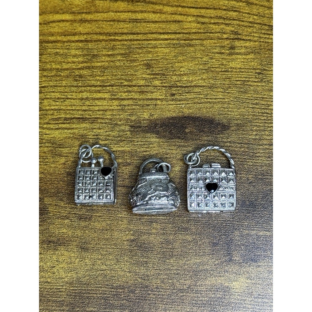 Three Enamel Heart 3D Purse Pendants Charm Silver Tone Metal Figural Textured